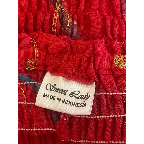 Red Strapless Smocked Maxi Dress W/ Butterfly Embroidery & Tassel Hem OS - Picture 6 of 7